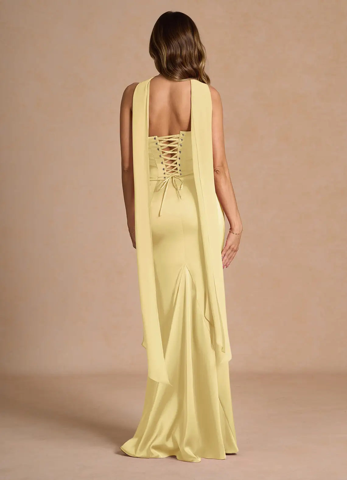 Pale Yellow Convertible Strapless Corset Draped Sash Mermaid Maxi Wedding Guest Dress