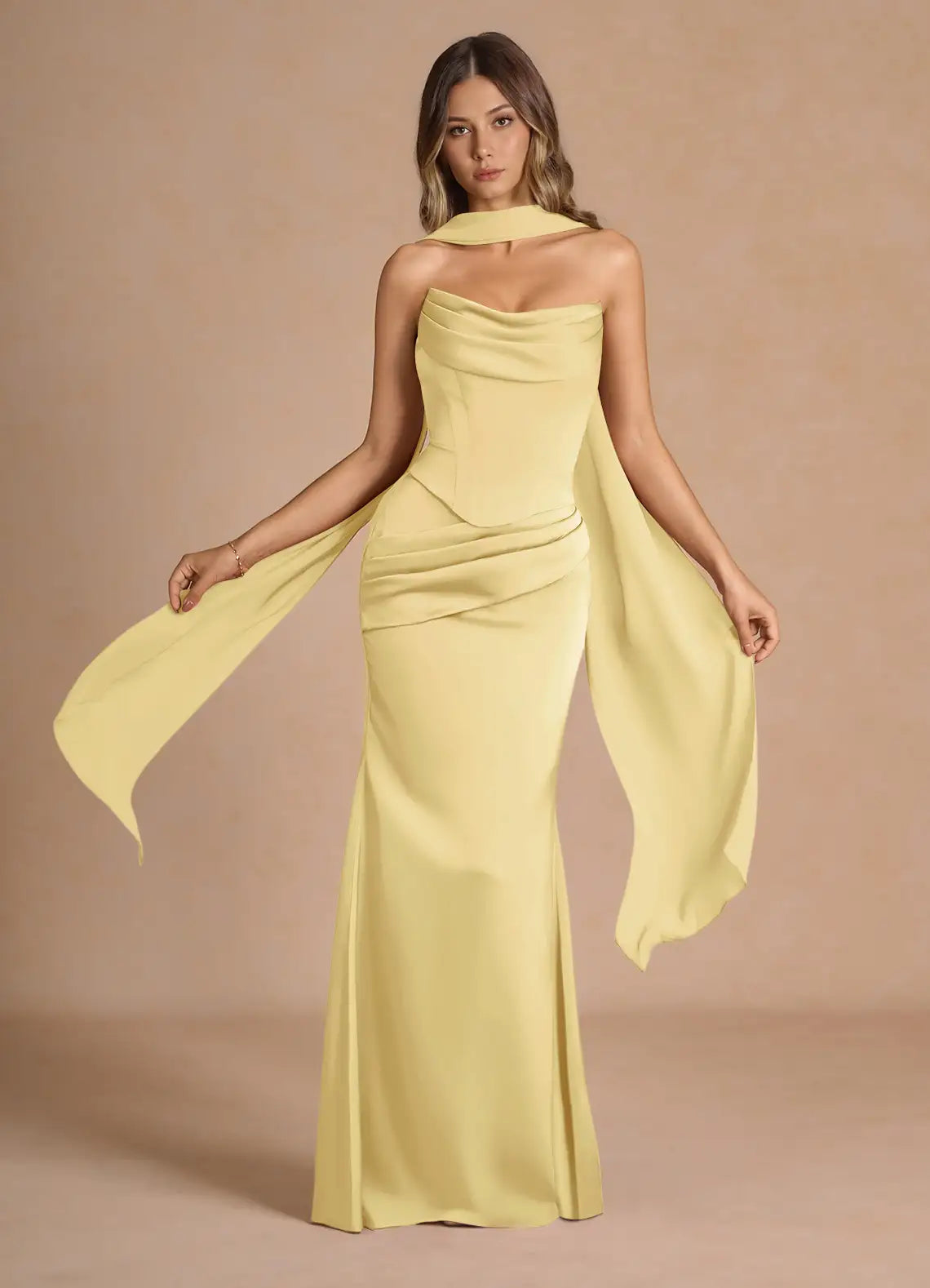 Pale Yellow Convertible Strapless Corset Draped Sash Mermaid Maxi Wedding Guest Dress