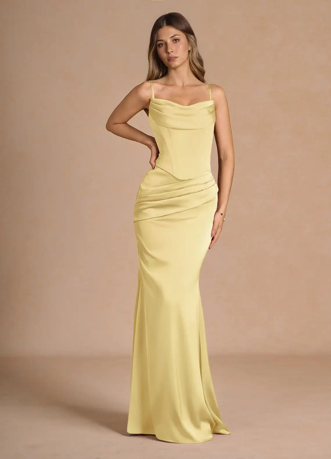 Pale Yellow Convertible Strapless Corset Draped Sash Mermaid Maxi Wedding Guest Dress