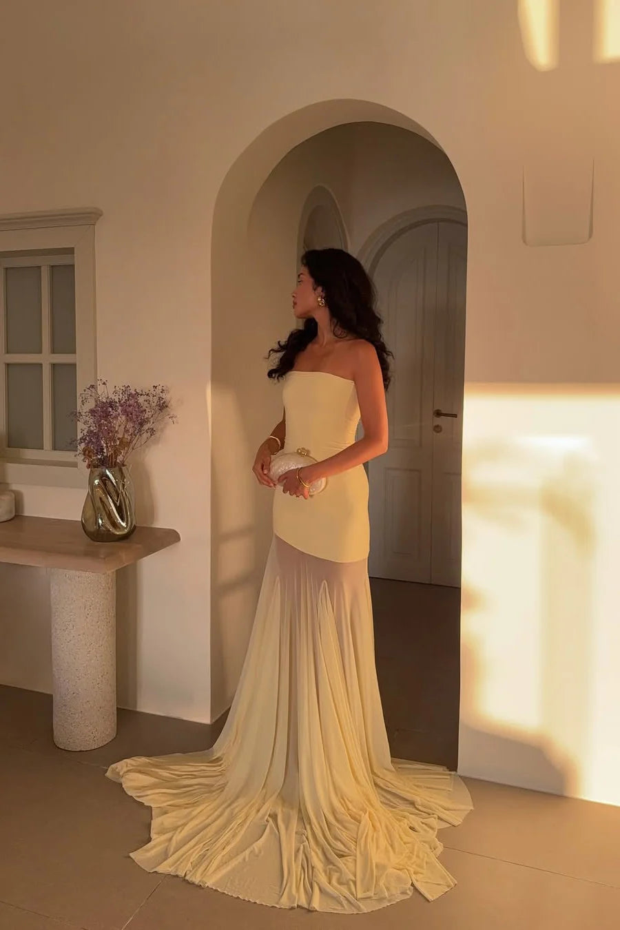 Pale Yellow Floor-Length Strapless Chiffon Skirt Wedding Guest Dress