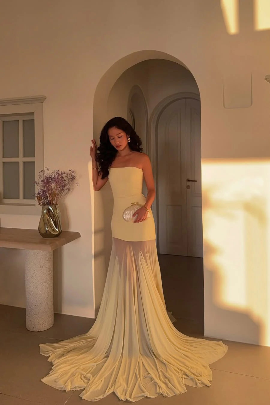 Pale Yellow Floor-Length Strapless Chiffon Skirt Wedding Guest Dress