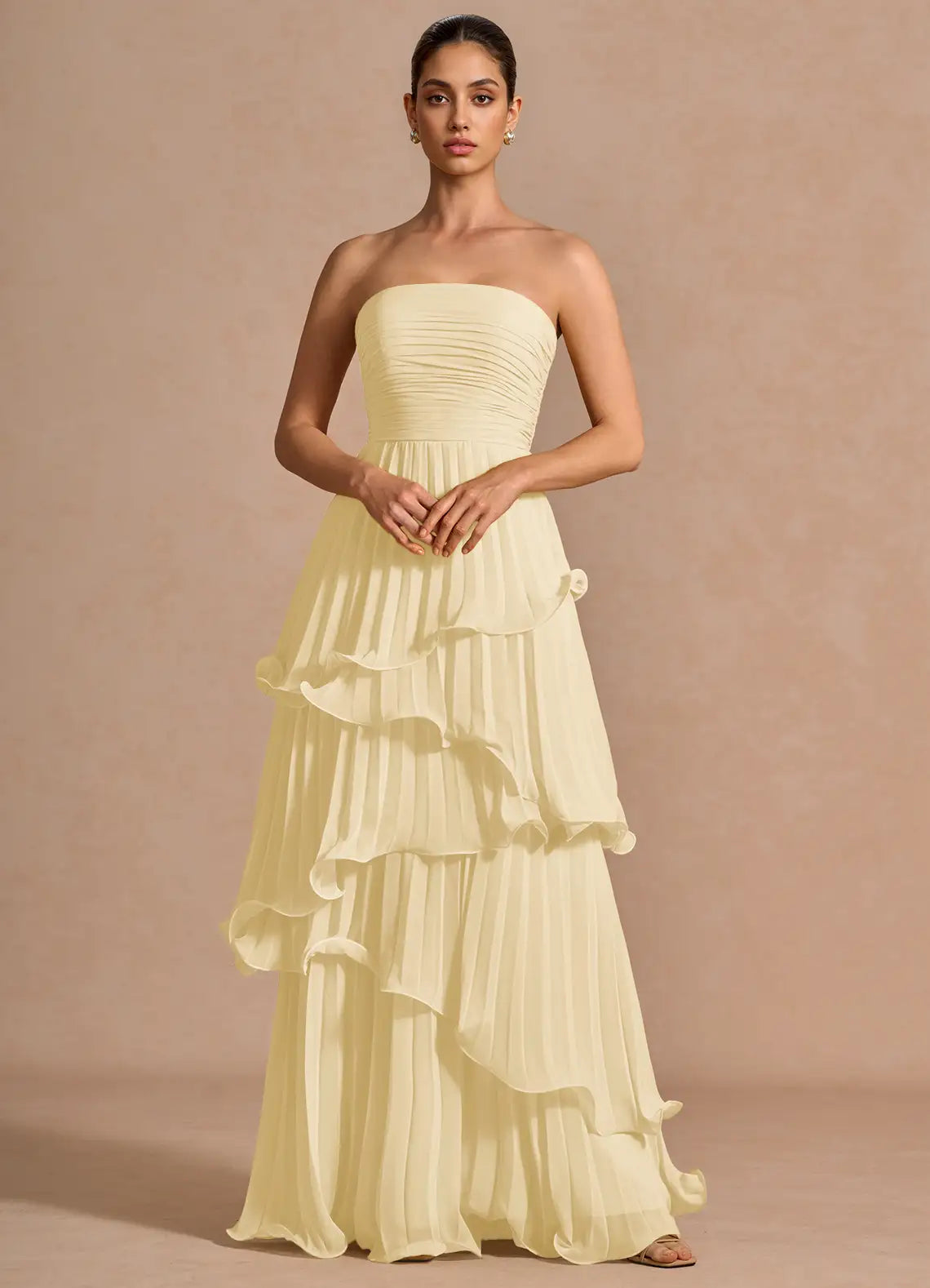Pale Yellow Floor-Length Strapless Pleated Tiered Wedding Guest Dress