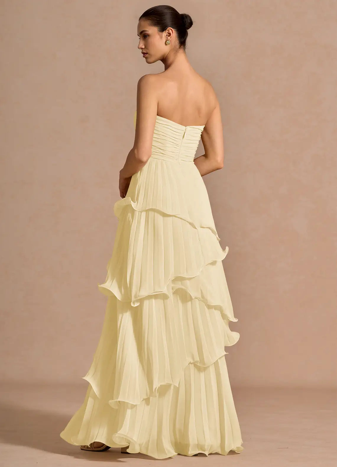 Pale Yellow Floor-Length Strapless Pleated Tiered Wedding Guest Dress