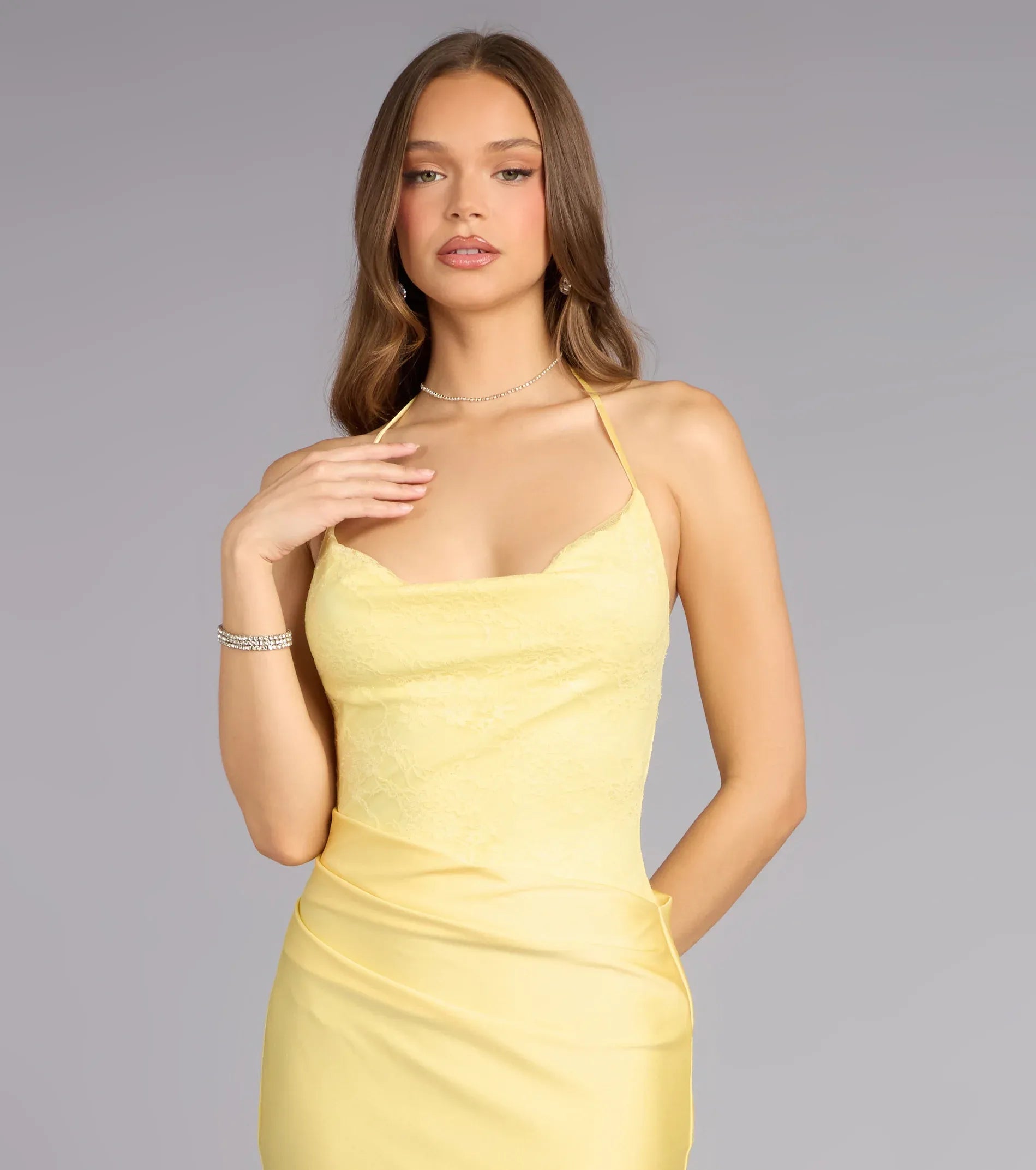 Pale Yellow Halter Cowl Lace Back Satin Mermaid Maxi Homecoming Dresses