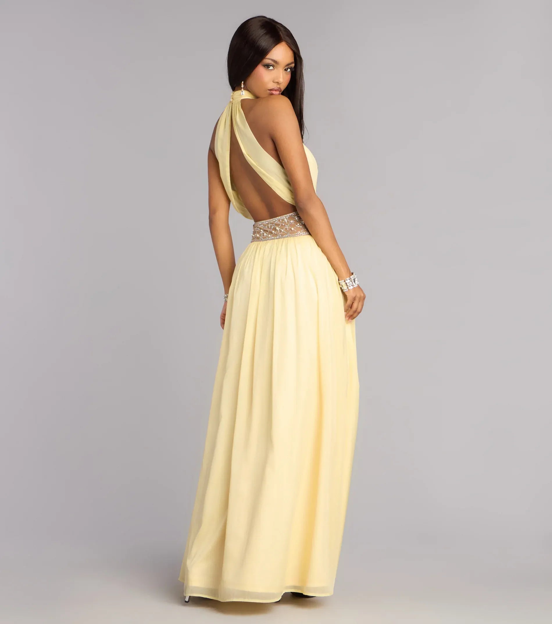 Pale Yellow Halter Open Back Rhinestone Mesh Waist High Slit Chiffon A Line Maxi Wedding Guest Dress