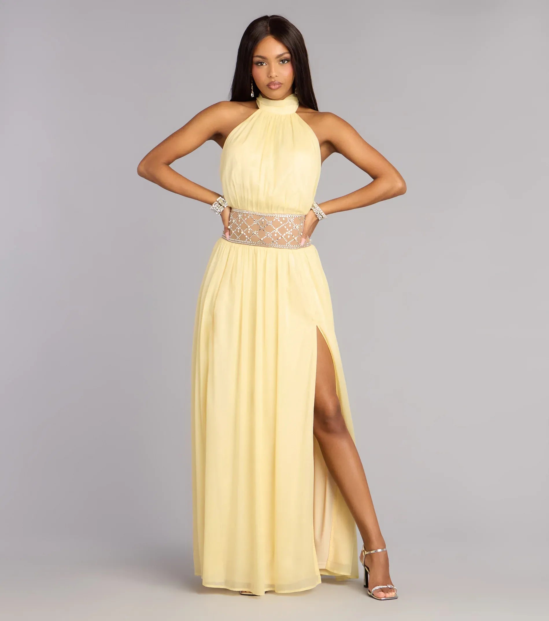 Pale Yellow Halter Open Back Rhinestone Mesh Waist High Slit Chiffon A Line Maxi Wedding Guest Dress