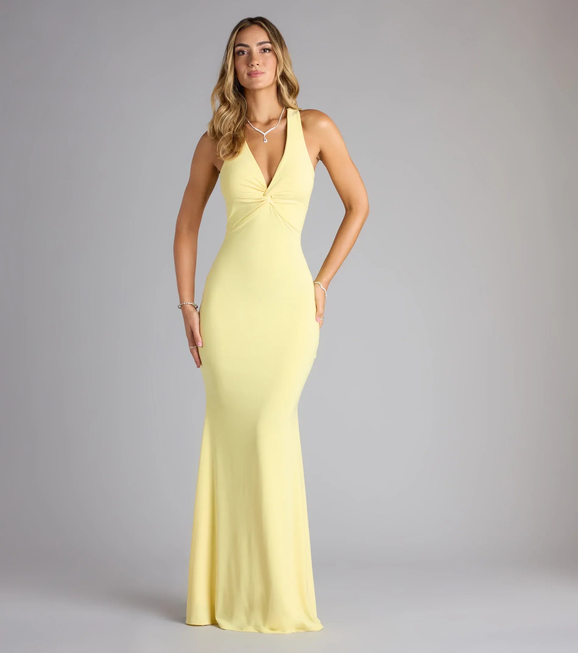 Pale Yellow Halter Twist V Cutout Back Self Tie Mermaid Maxi Wedding Guest Dress