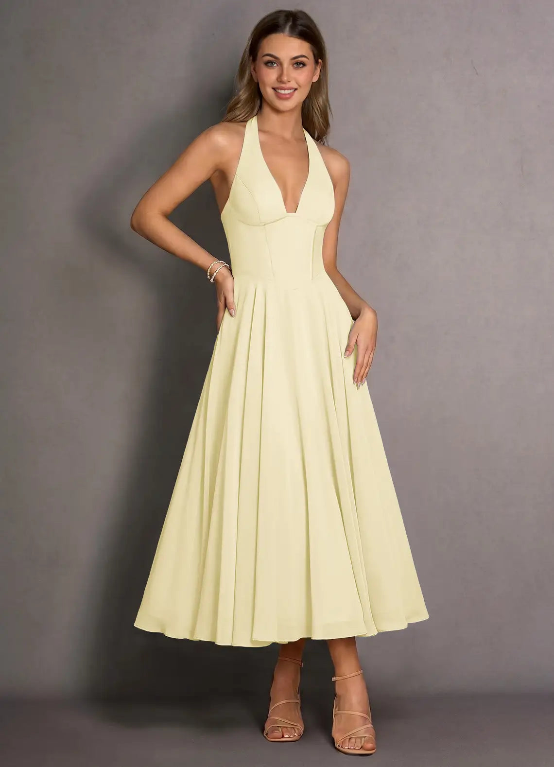 Pale Yellow Halter V Neck Lace Up Back Midi A-Line Wedding Guest Dress