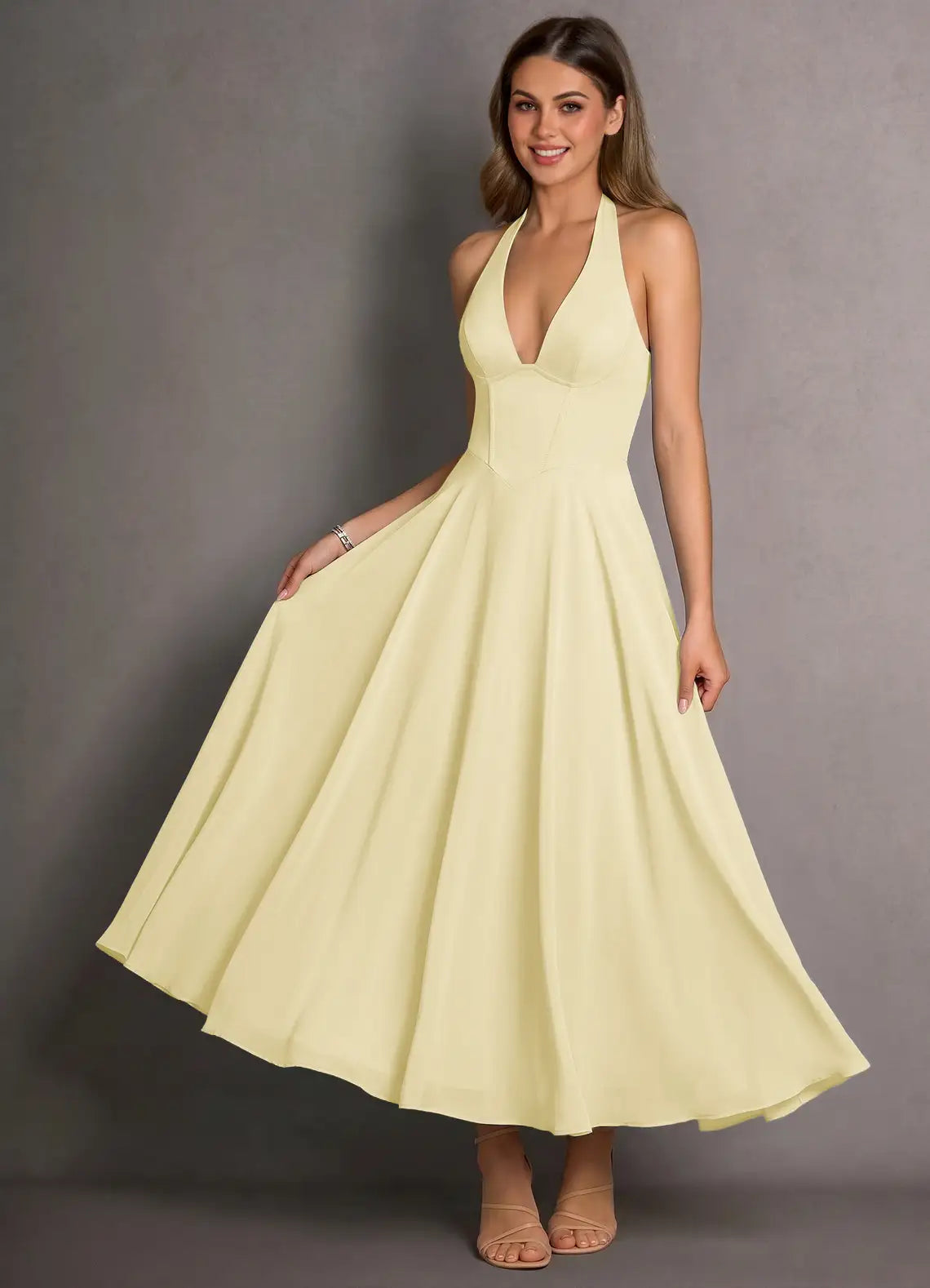 Pale Yellow Halter V Neck Lace Up Back Midi A-Line Wedding Guest Dress