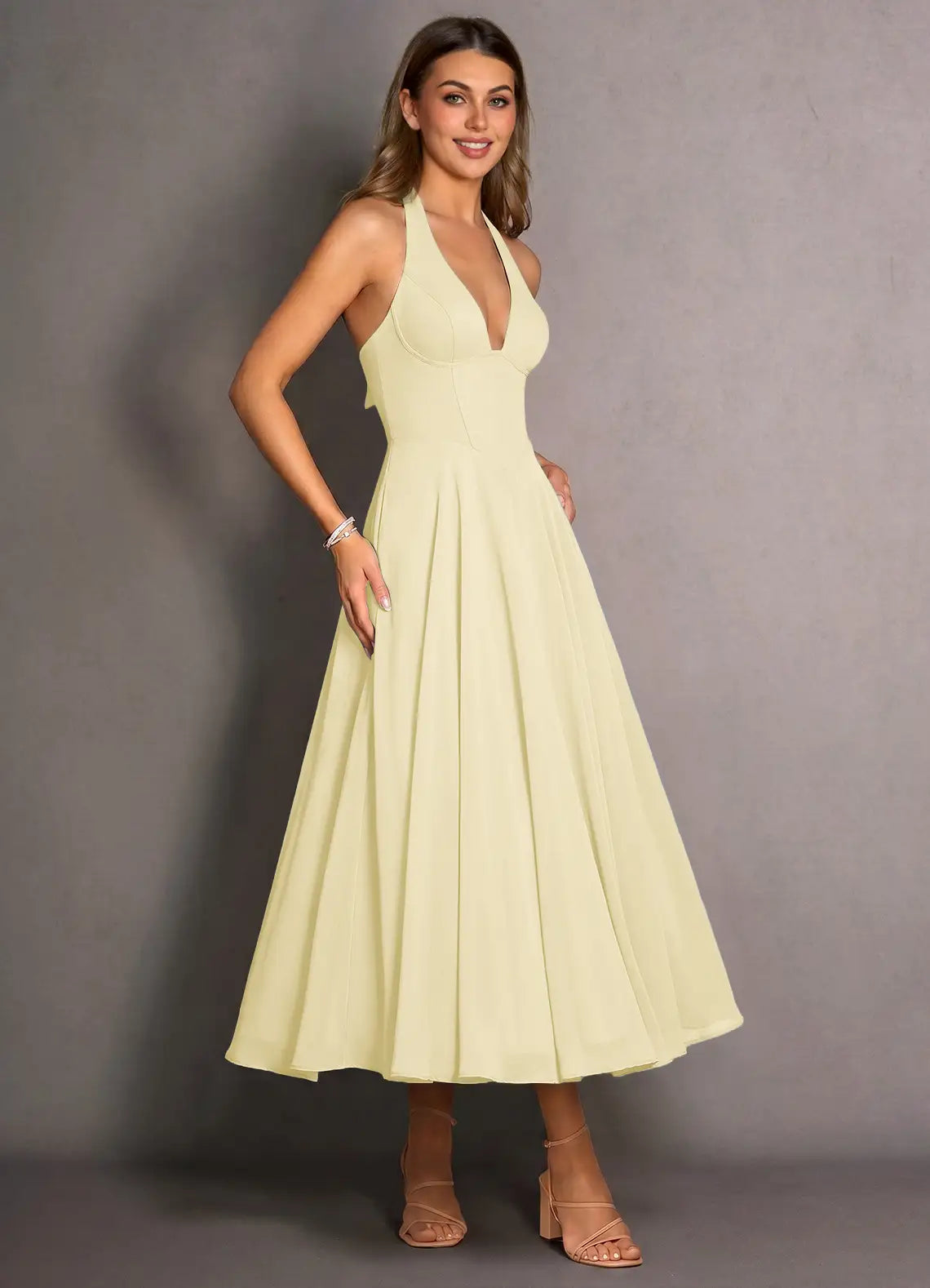 Pale Yellow Halter V Neck Lace Up Back Midi A-Line Wedding Guest Dress