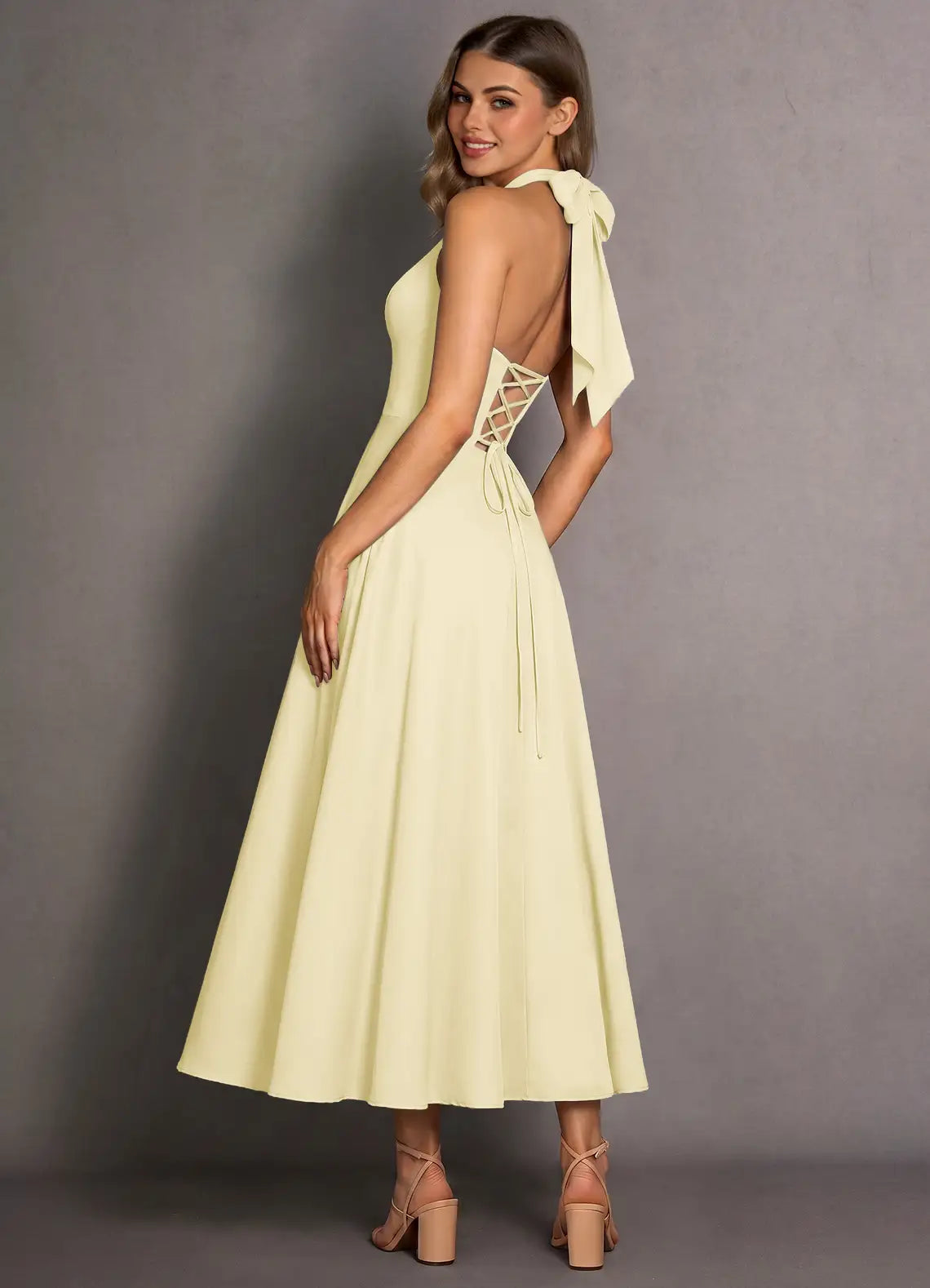 Pale Yellow Halter V Neck Lace Up Back Midi A-Line Wedding Guest Dress