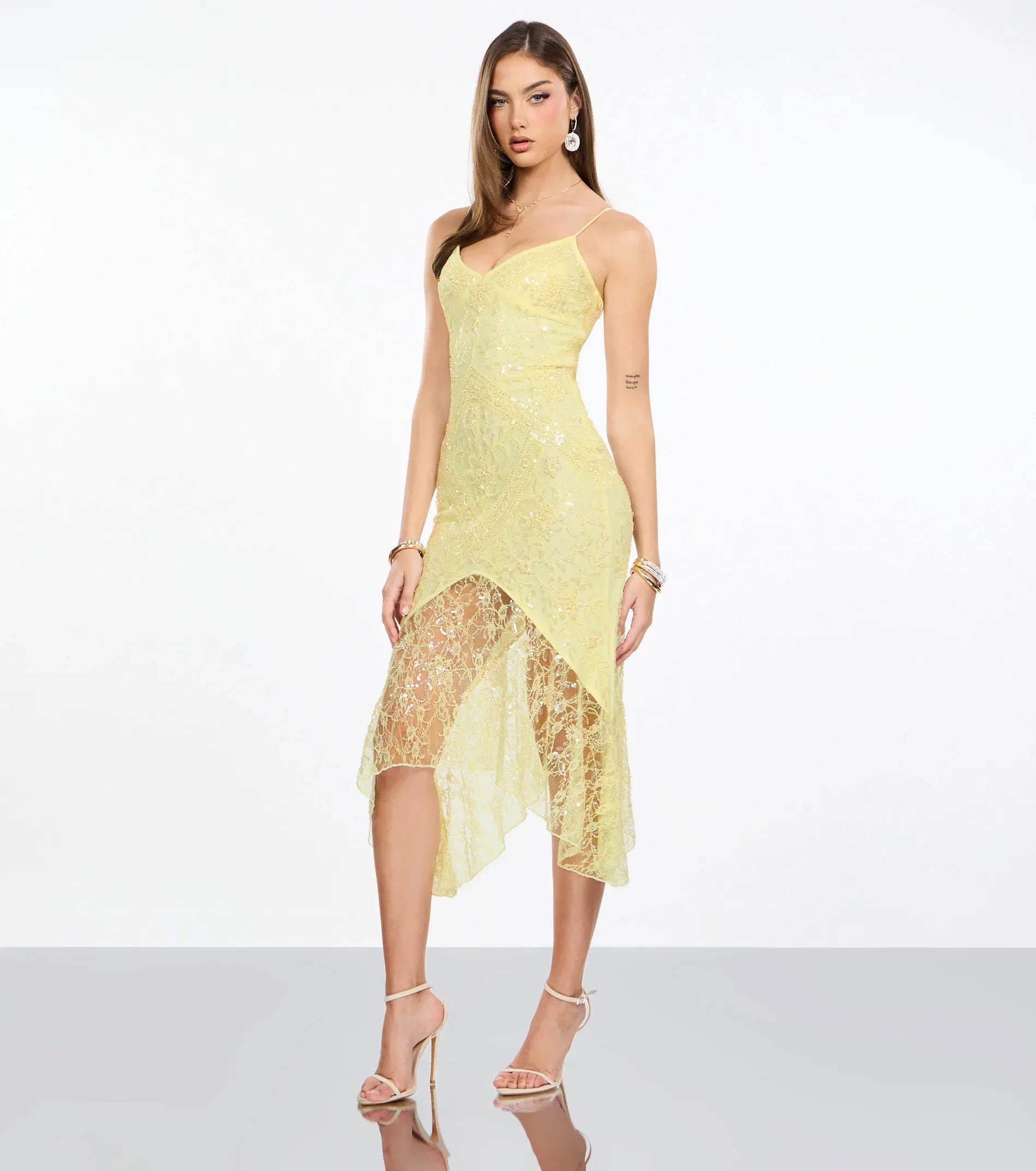Pale Yellow Lace Sequin Spaghetti Strap V Neck Asymmetrical Midi Wedding Guest Dress