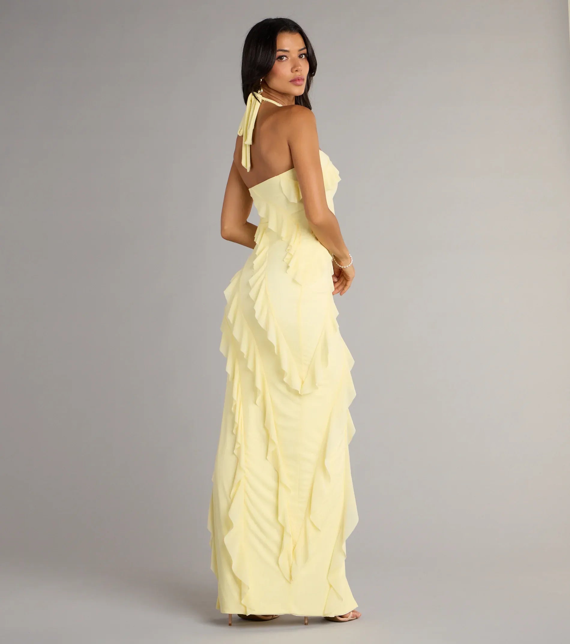Pale Yellow Mermaid Halter Square Neck Tie Back Ruffled High Slit Floor Length Wedding Guest Dresses