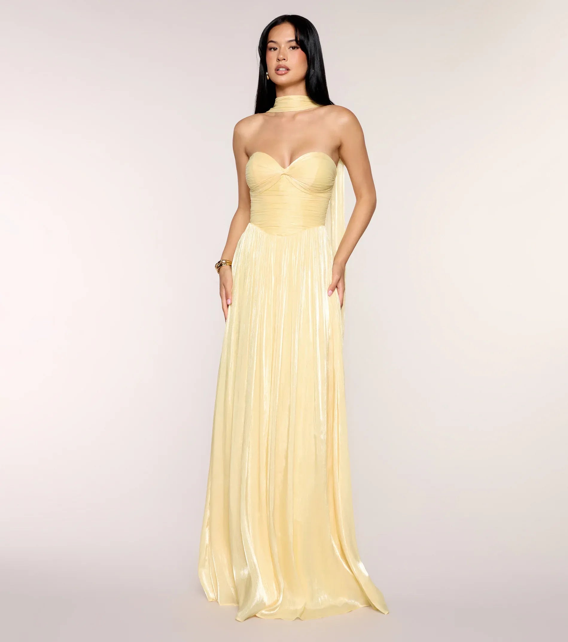 Pale Yellow Metallic Strapless Twist Bust Neck Sash Flowy Maxi Wedding Guest Dresses