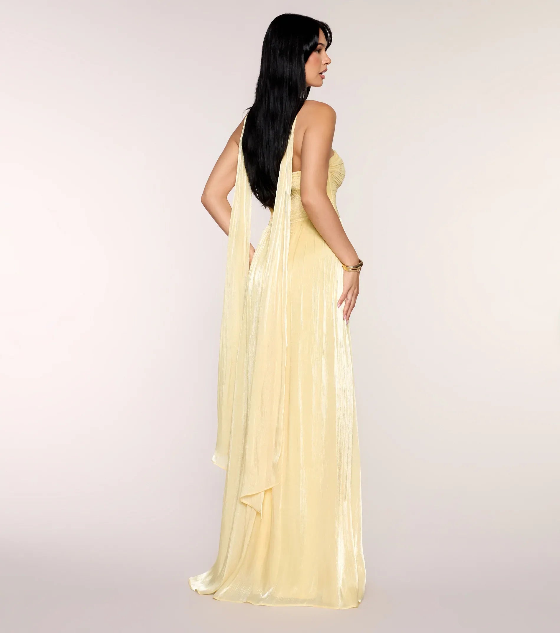 Pale Yellow Metallic Strapless Twist Bust Neck Sash Flowy Maxi Wedding Guest Dresses