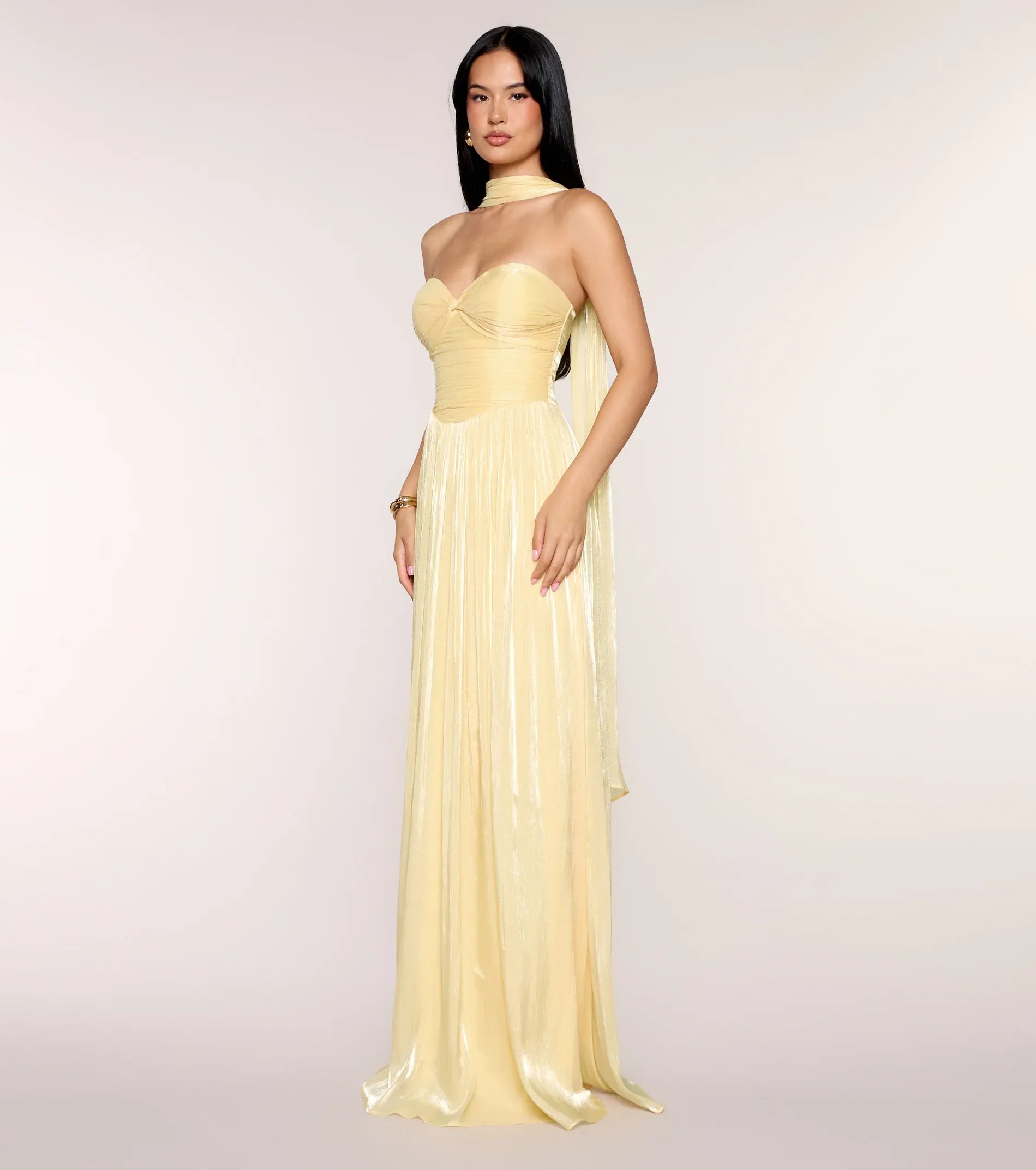 Pale Yellow Metallic Strapless Twist Bust Neck Sash Flowy Maxi Wedding Guest Dresses