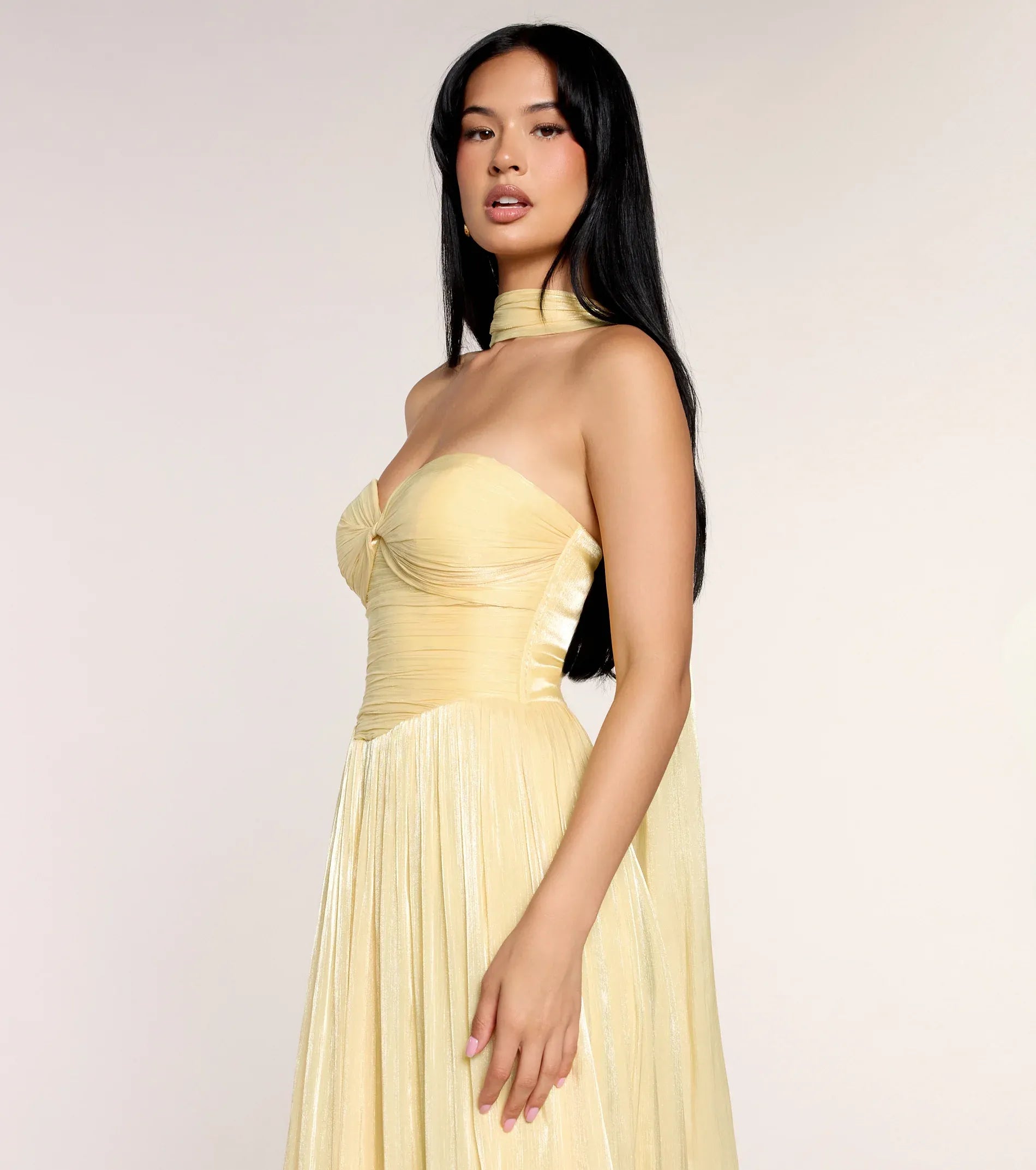 Pale Yellow Metallic Strapless Twist Bust Neck Sash Flowy Maxi Wedding Guest Dresses
