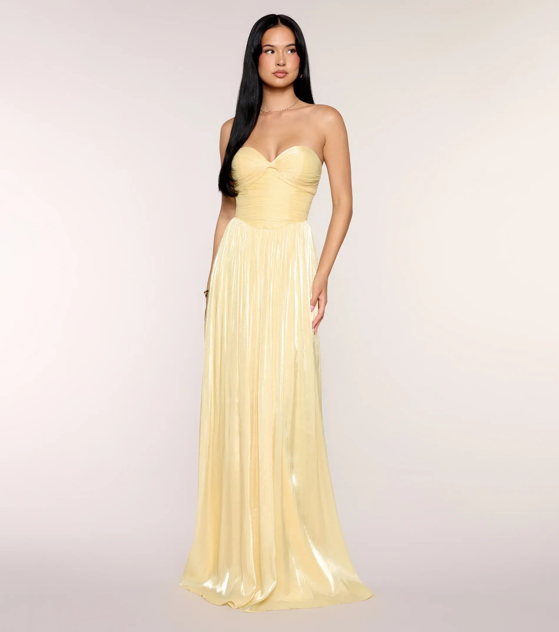 Pale Yellow Metallic Strapless Twist Bust Neck Sash Flowy Maxi Wedding Guest Dresses