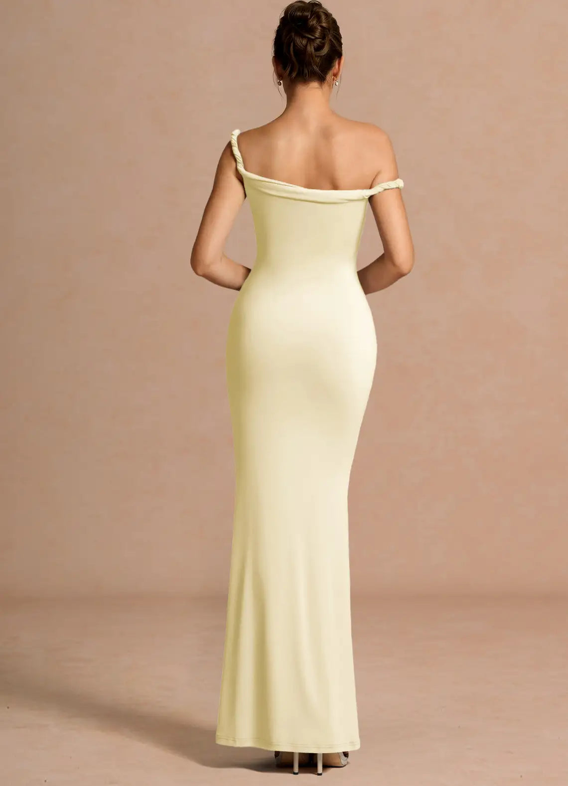 Pale Yellow Off Shoulder Twist Strap Mermaid Maxi Wedding Guest Dress