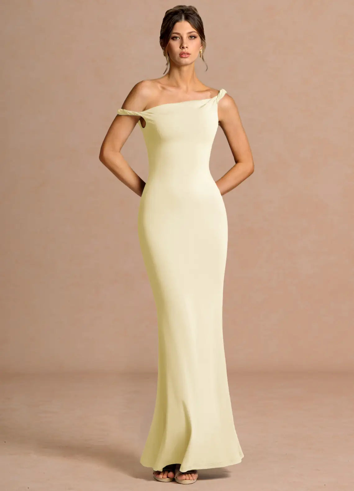 Pale Yellow Off Shoulder Twist Strap Mermaid Maxi Wedding Guest Dress