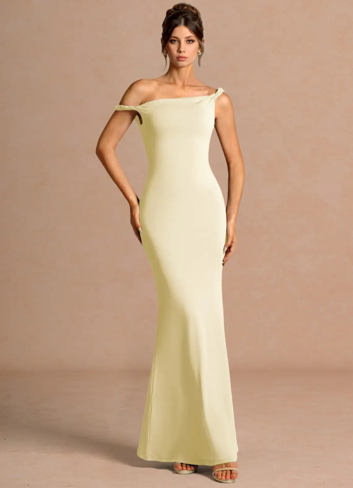 Pale Yellow Off Shoulder Twist Strap Mermaid Maxi Wedding Guest Dress