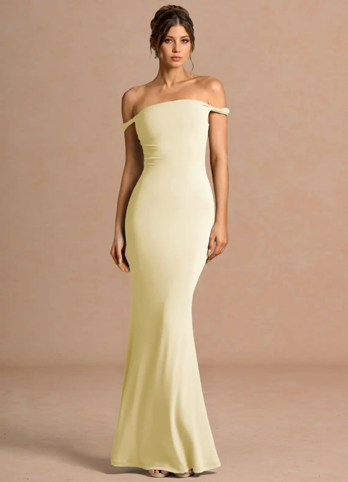 Pale Yellow Off Shoulder Twist Strap Mermaid Maxi Wedding Guest Dress