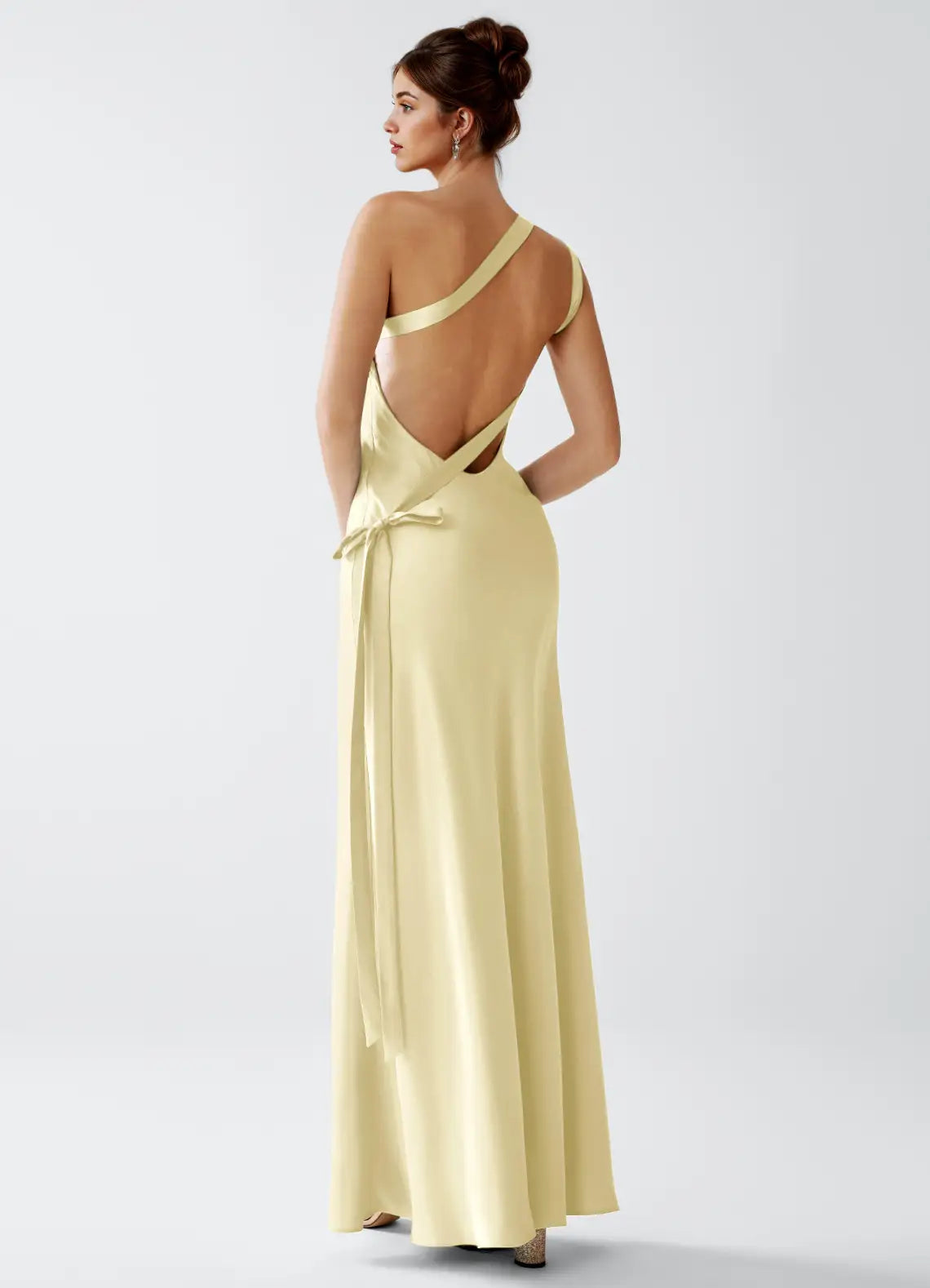 Pale Yellow One Shoulder Cross Back Sash Mermaid Maxi Satin Wedding Guest Dress
