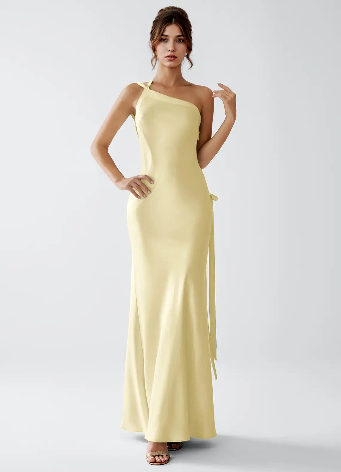 Pale Yellow One Shoulder Cross Back Sash Mermaid Maxi Satin Wedding Guest Dress