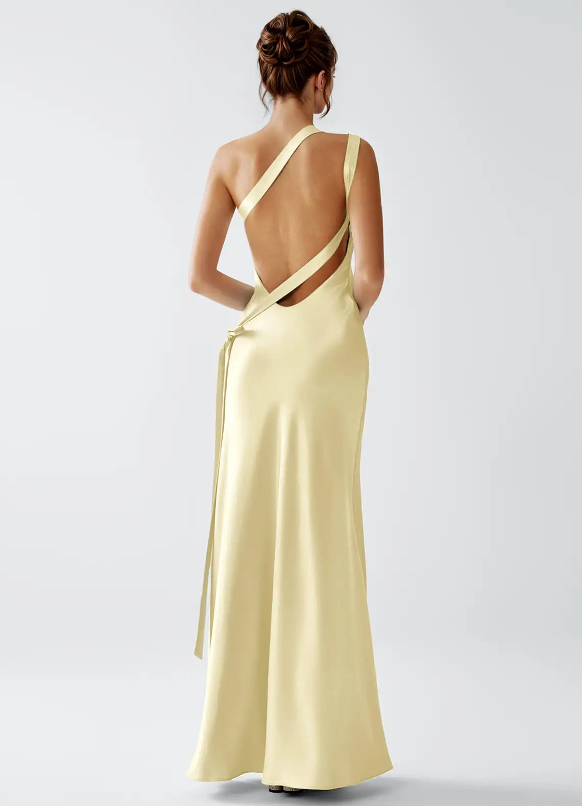 Pale Yellow One Shoulder Cross Back Sash Mermaid Maxi Satin Wedding Guest Dress