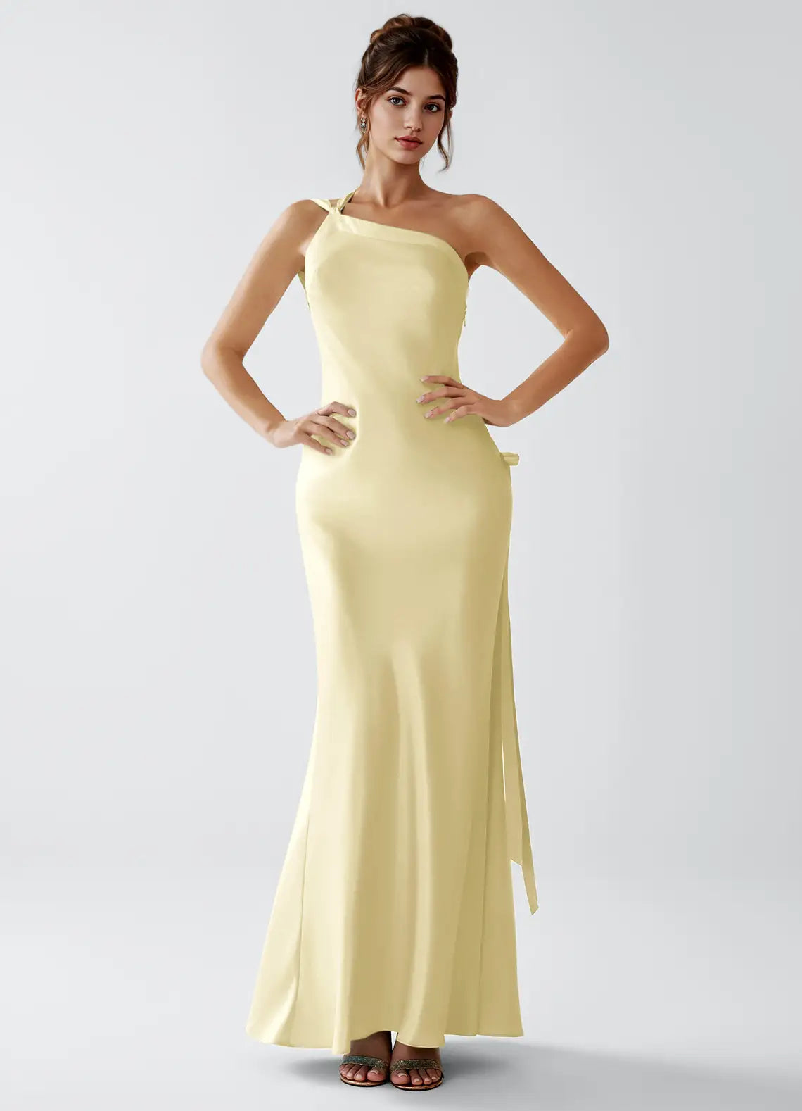 Pale Yellow One Shoulder Cross Back Sash Mermaid Maxi Satin Wedding Guest Dress