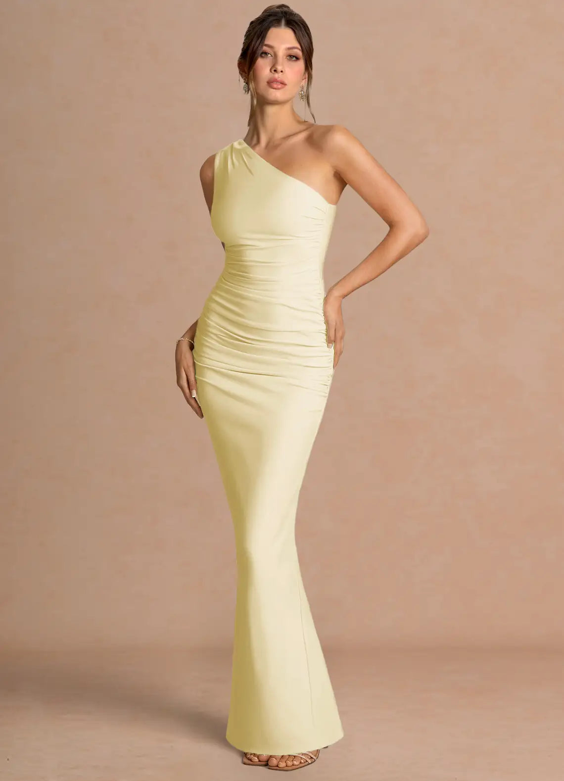 Pale Yellow One Shoulder Ruched Side Slit Mermaid Maxi Wedding Guest Dress