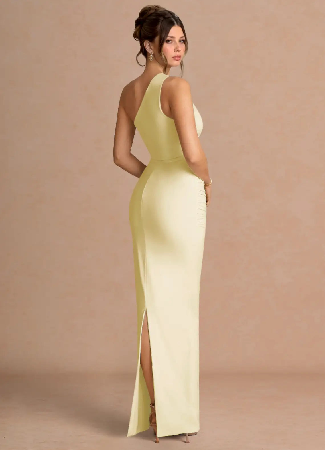 Pale Yellow One Shoulder Ruched Side Slit Mermaid Maxi Wedding Guest Dress