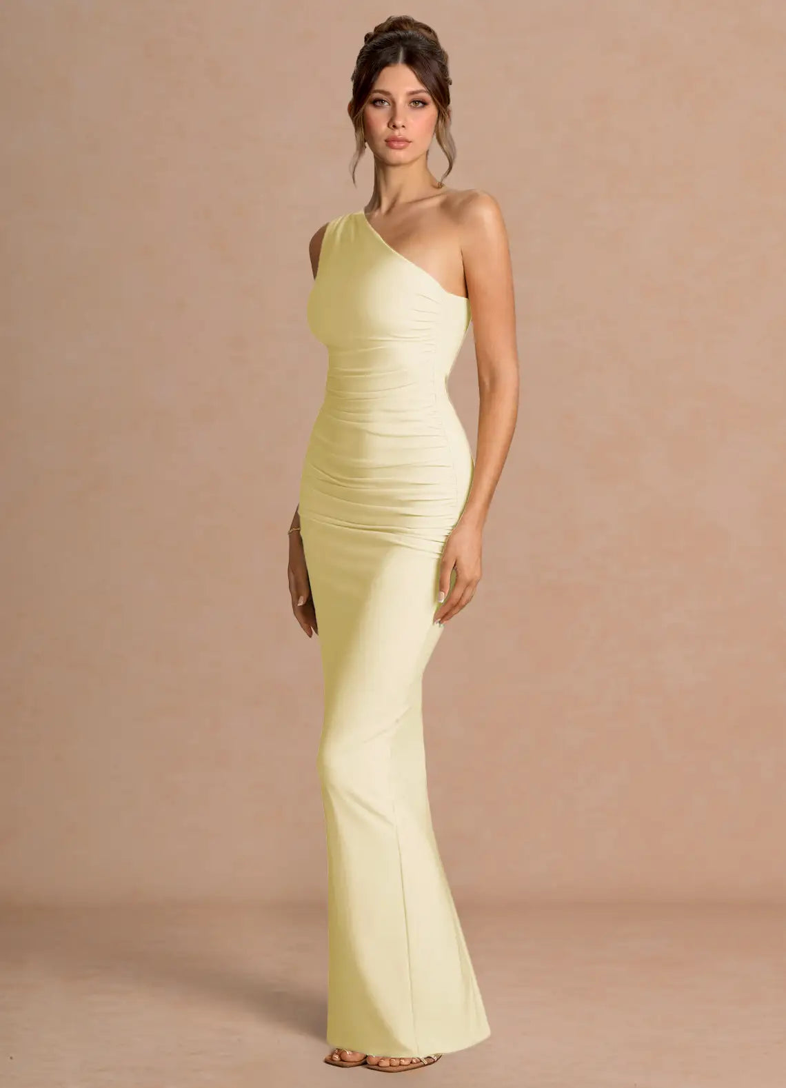 Pale Yellow One Shoulder Ruched Side Slit Mermaid Maxi Wedding Guest Dress