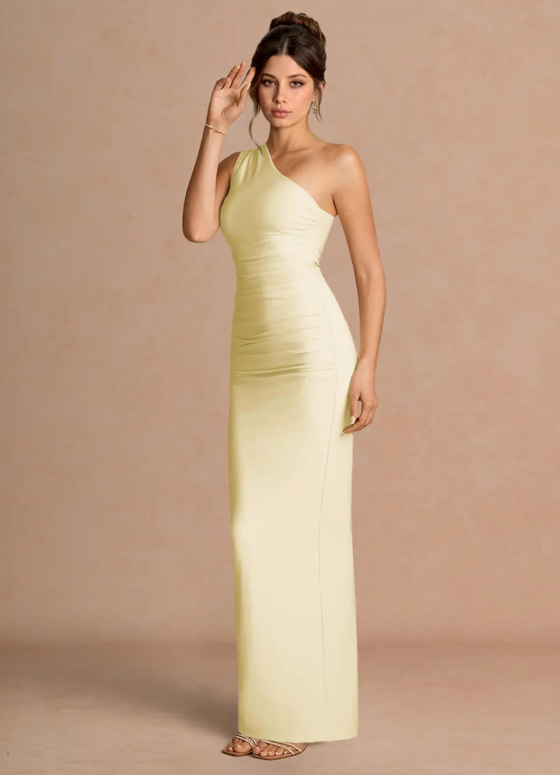 Pale Yellow One Shoulder Ruched Side Slit Mermaid Maxi Wedding Guest Dress