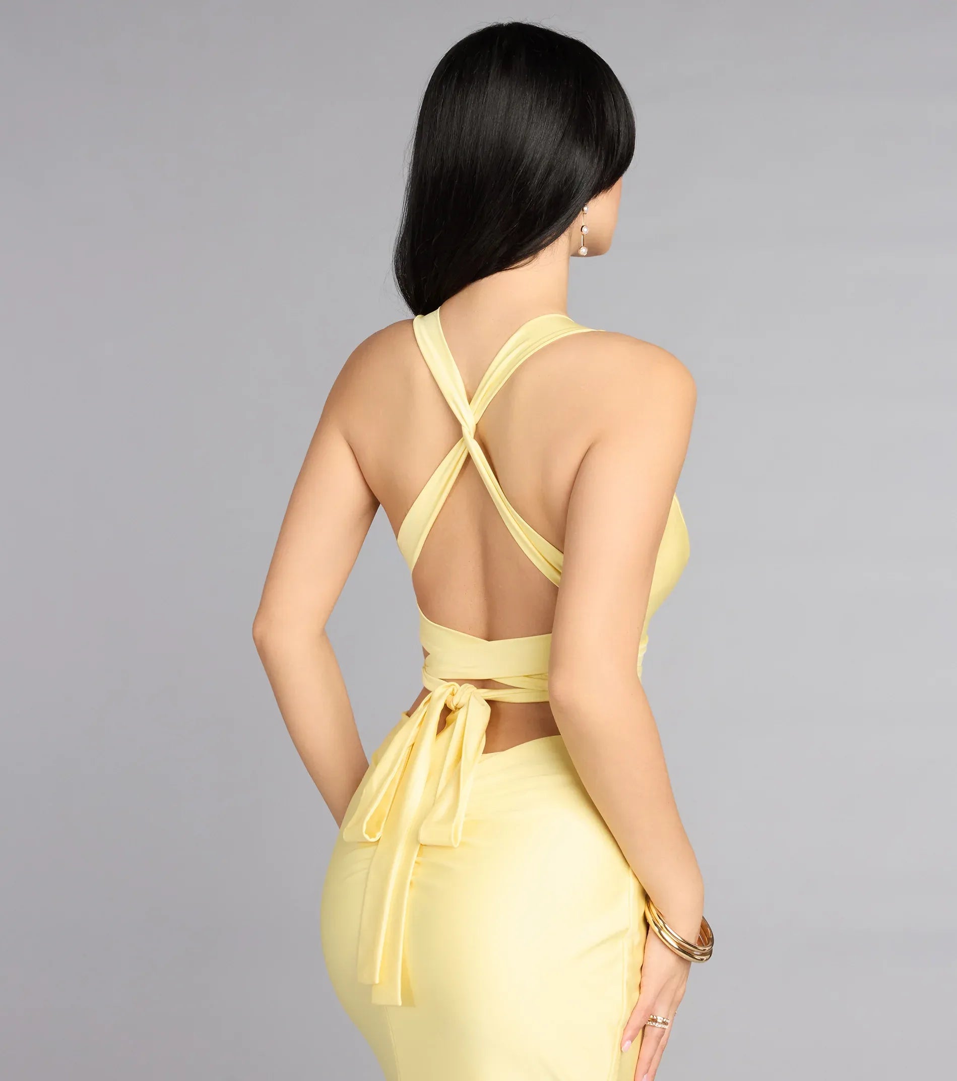 Pale Yellow Satin Deep V Cross Back Tie Ruched Slit Mermaid Wedding Guest Dresses