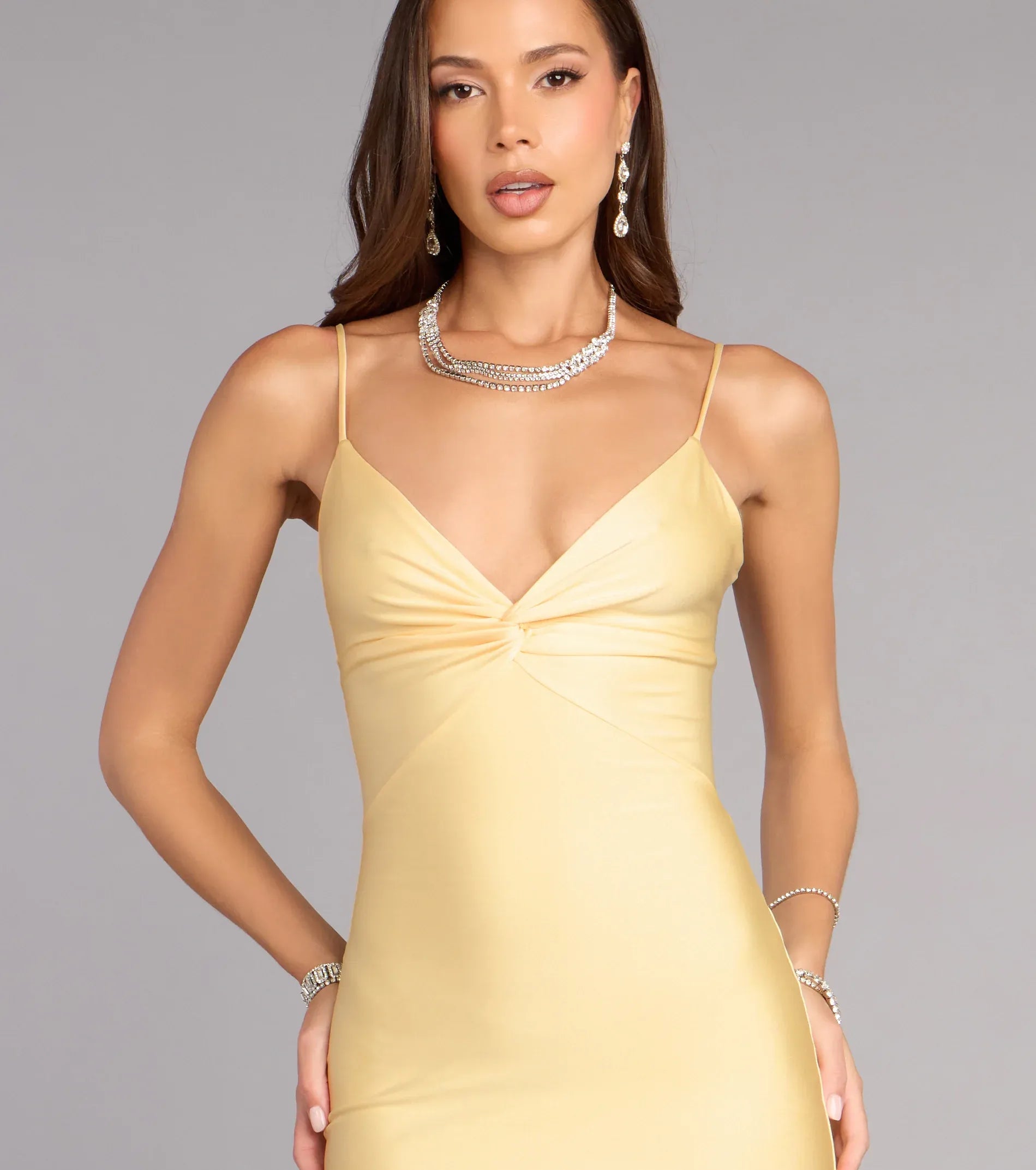 Pale Yellow Satin Mermaid Spaghetti Strap Twist Front Cutout Tie Back Floor Length Wedding Guest Dresses