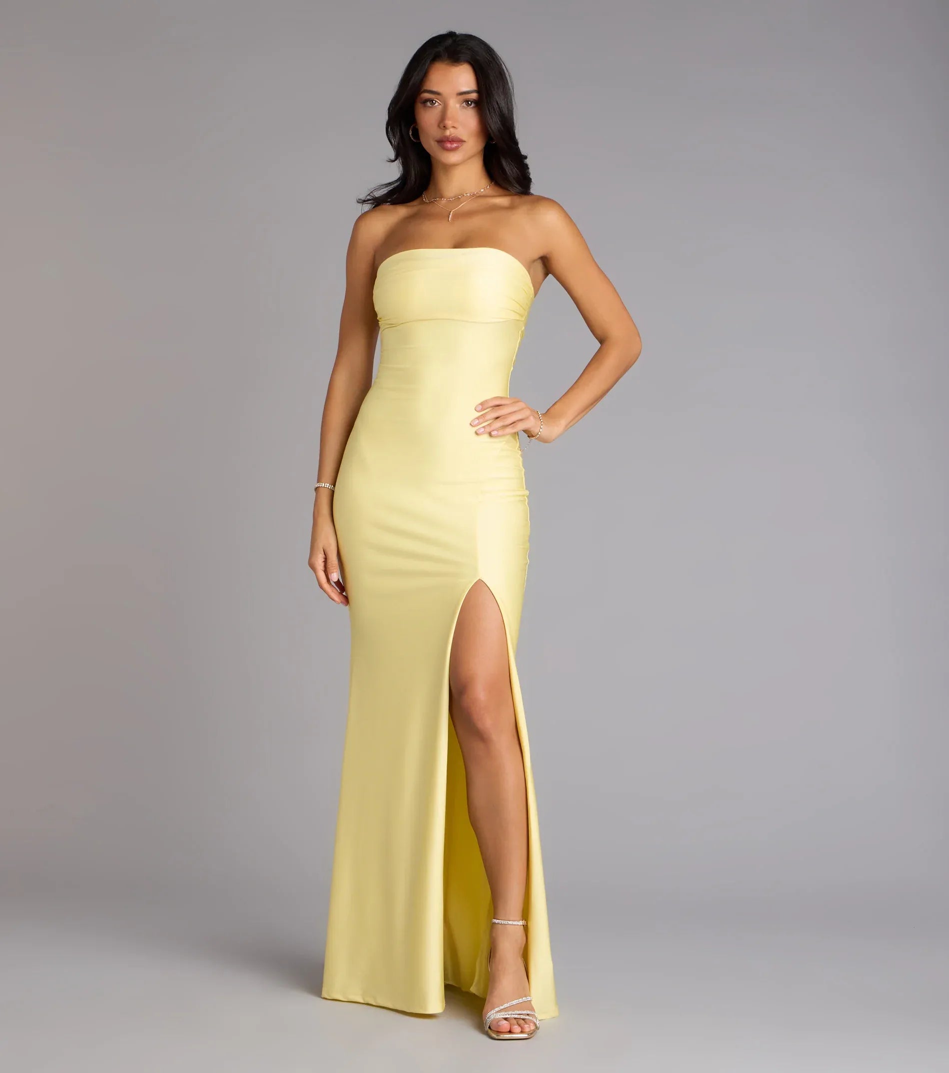 Pale Yellow Satin Strapless Side Ruched High Slit Mermaid Floor Length Wedding Guest Dress