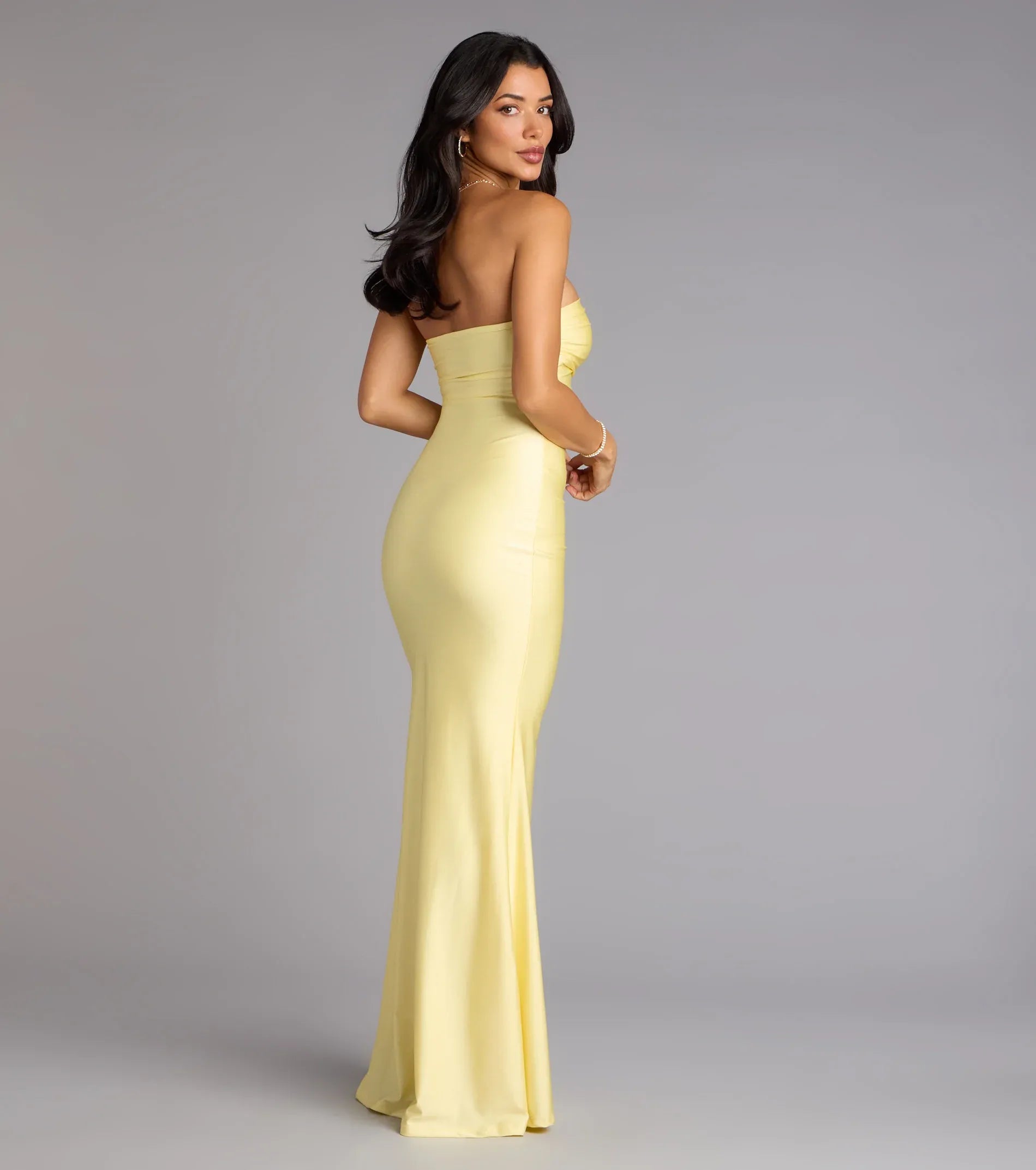 Pale Yellow Satin Strapless Side Ruched High Slit Mermaid Floor Length Wedding Guest Dress