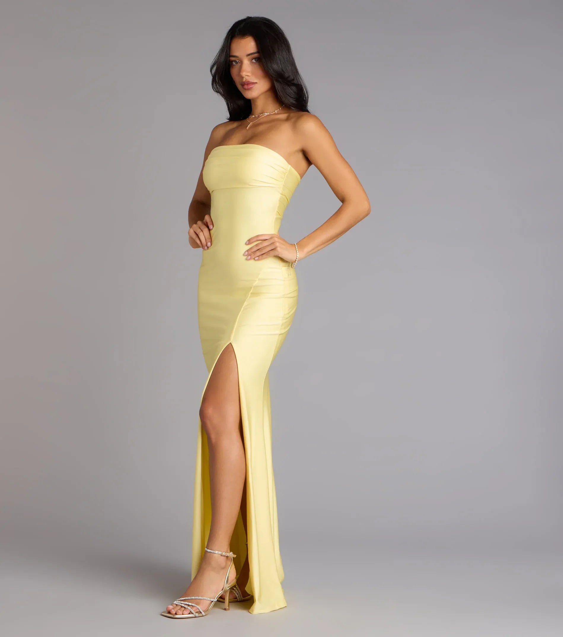 Pale Yellow Satin Strapless Side Ruched High Slit Mermaid Floor Length Wedding Guest Dress
