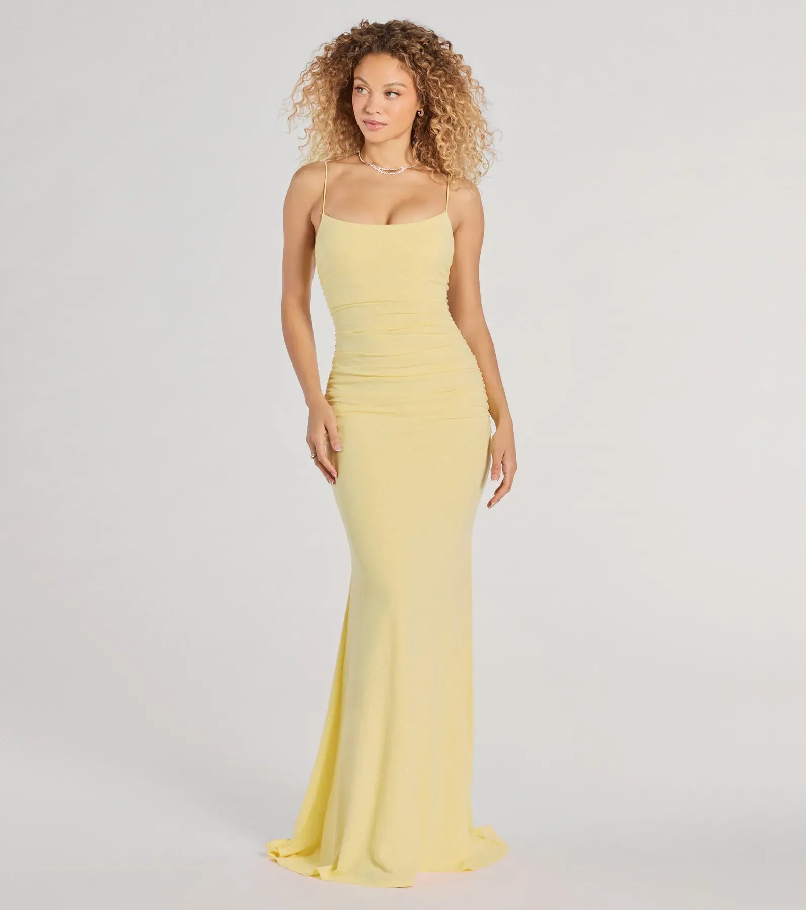 Pale Yellow Spaghetti Strap Square Back Ruched Mermaid Maxi Homecoming Dresses
