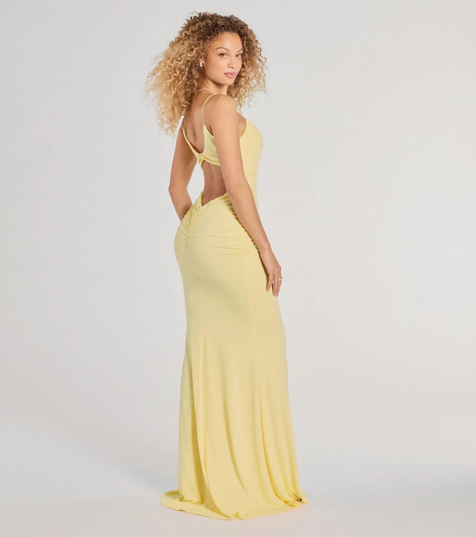 Pale Yellow Spaghetti Strap Square Back Ruched Mermaid Maxi Homecoming Dresses