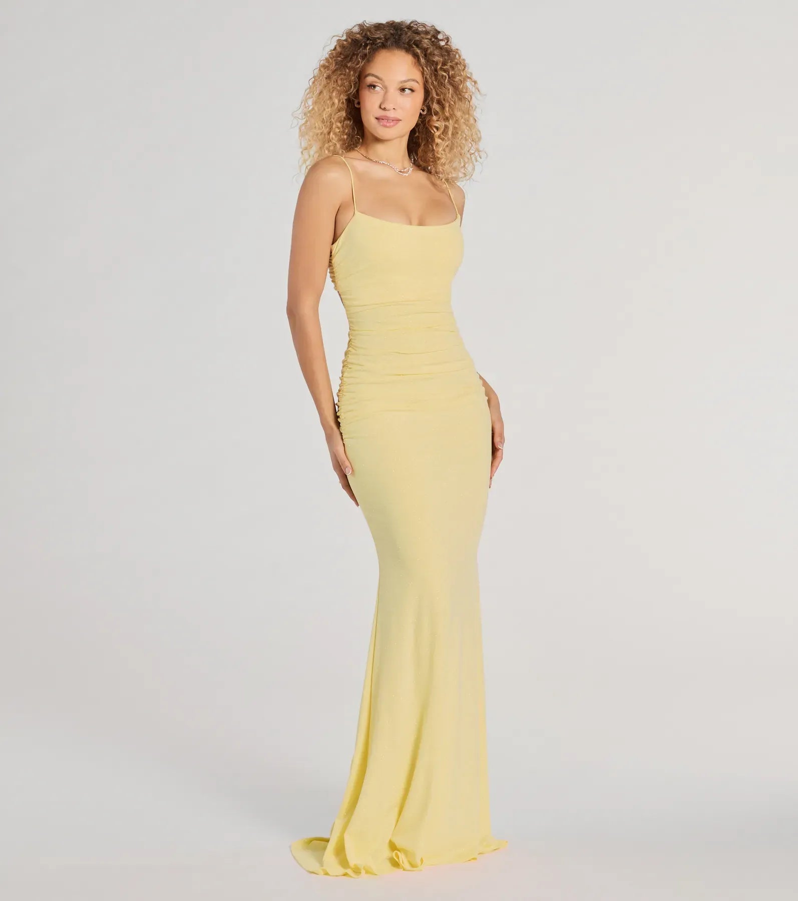 Pale Yellow Spaghetti Strap Square Back Ruched Mermaid Maxi Homecoming Dresses