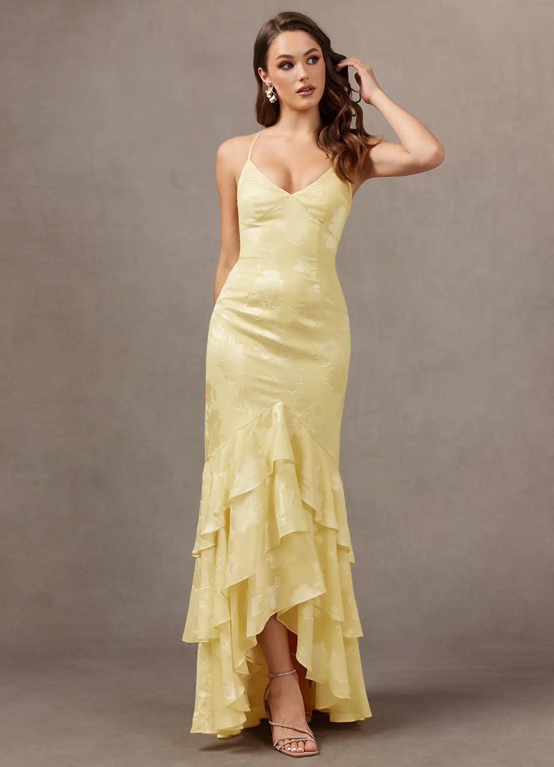 Pale Yellow Spaghetti Strap V Neck Floral Jacquard Tiered Ruffle Mermaid Maxi Wedding Guest Dress