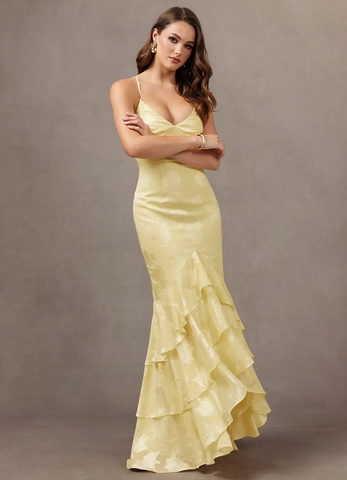 Pale Yellow Spaghetti Strap V Neck Floral Jacquard Tiered Ruffle Mermaid Maxi Wedding Guest Dress