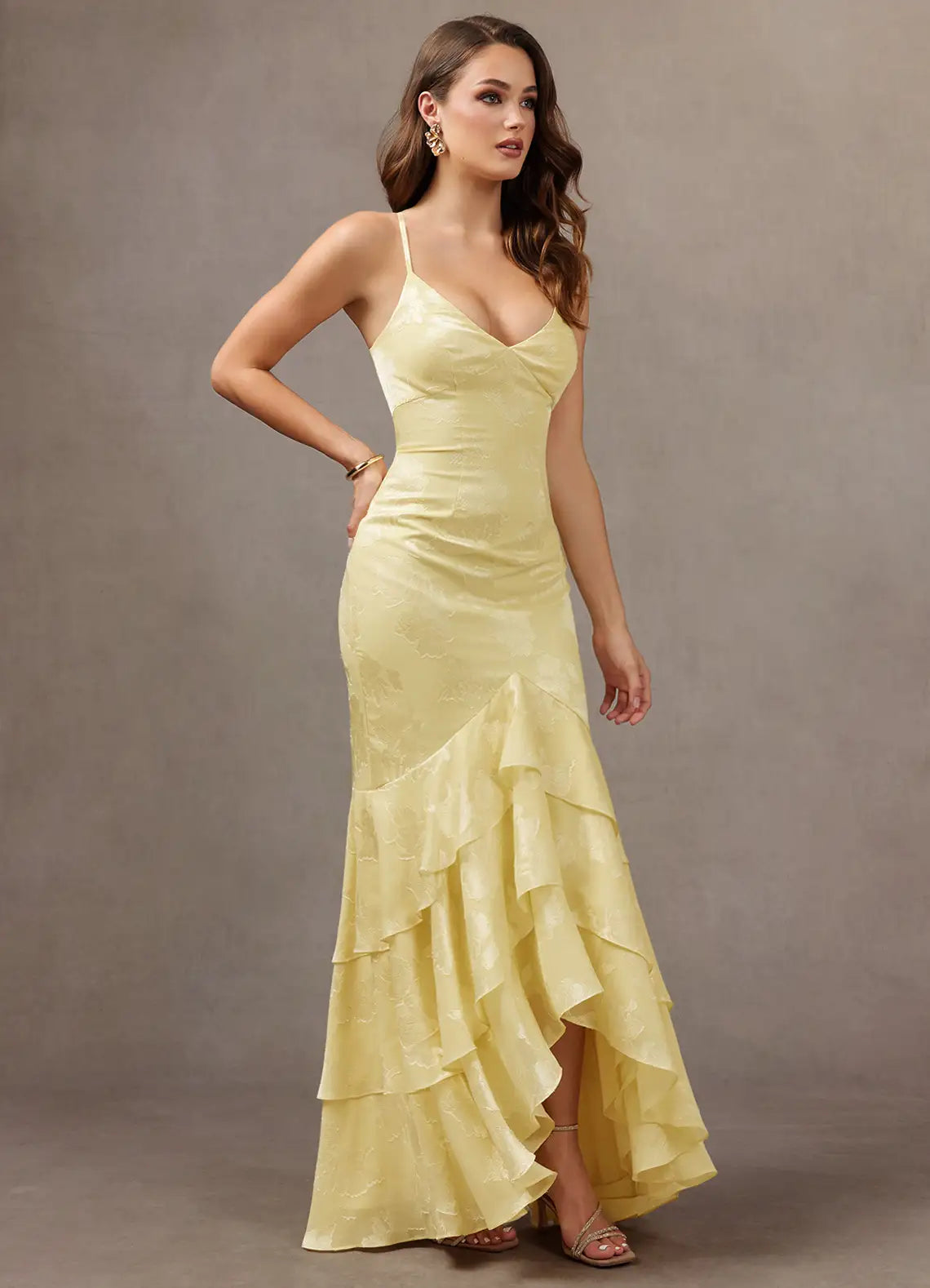 Pale Yellow Spaghetti Strap V Neck Floral Jacquard Tiered Ruffle Mermaid Maxi Wedding Guest Dress