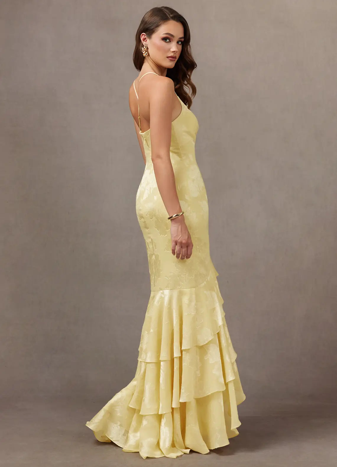 Pale Yellow Spaghetti Strap V Neck Floral Jacquard Tiered Ruffle Mermaid Maxi Wedding Guest Dress