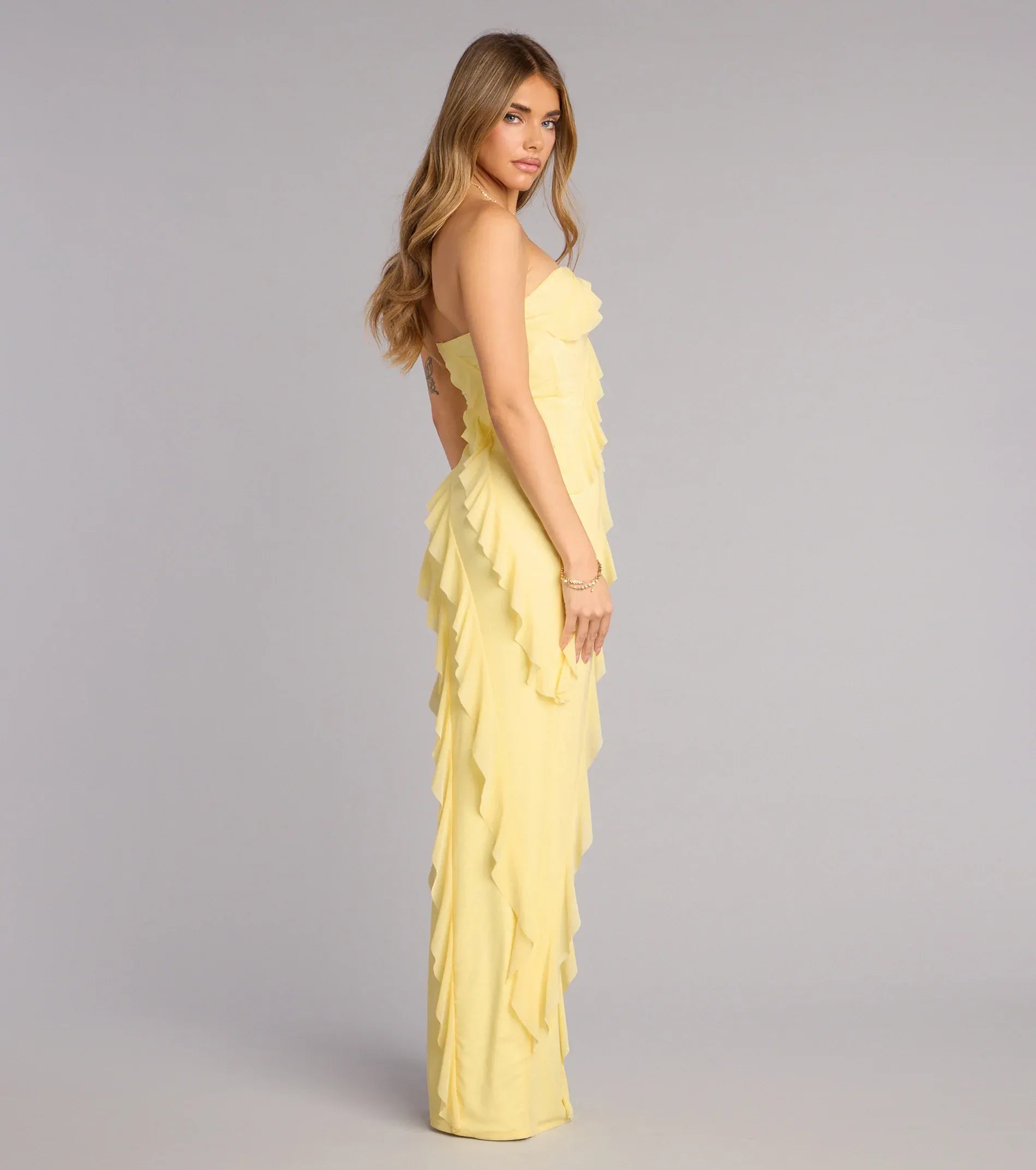 Pale Yellow Strapless Asymmetric Ruffle High Slit Maxi Wedding Guest Dress