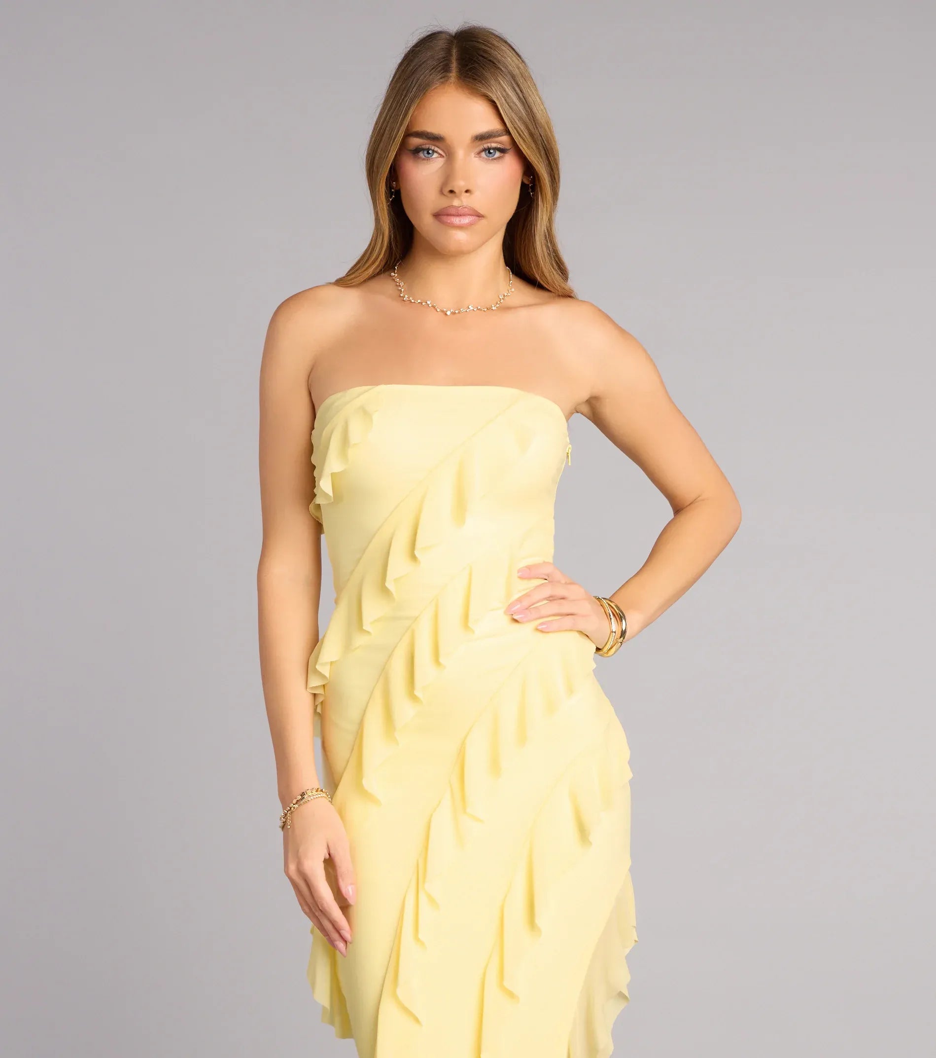 Pale Yellow Strapless Asymmetric Ruffle High Slit Maxi Wedding Guest Dress