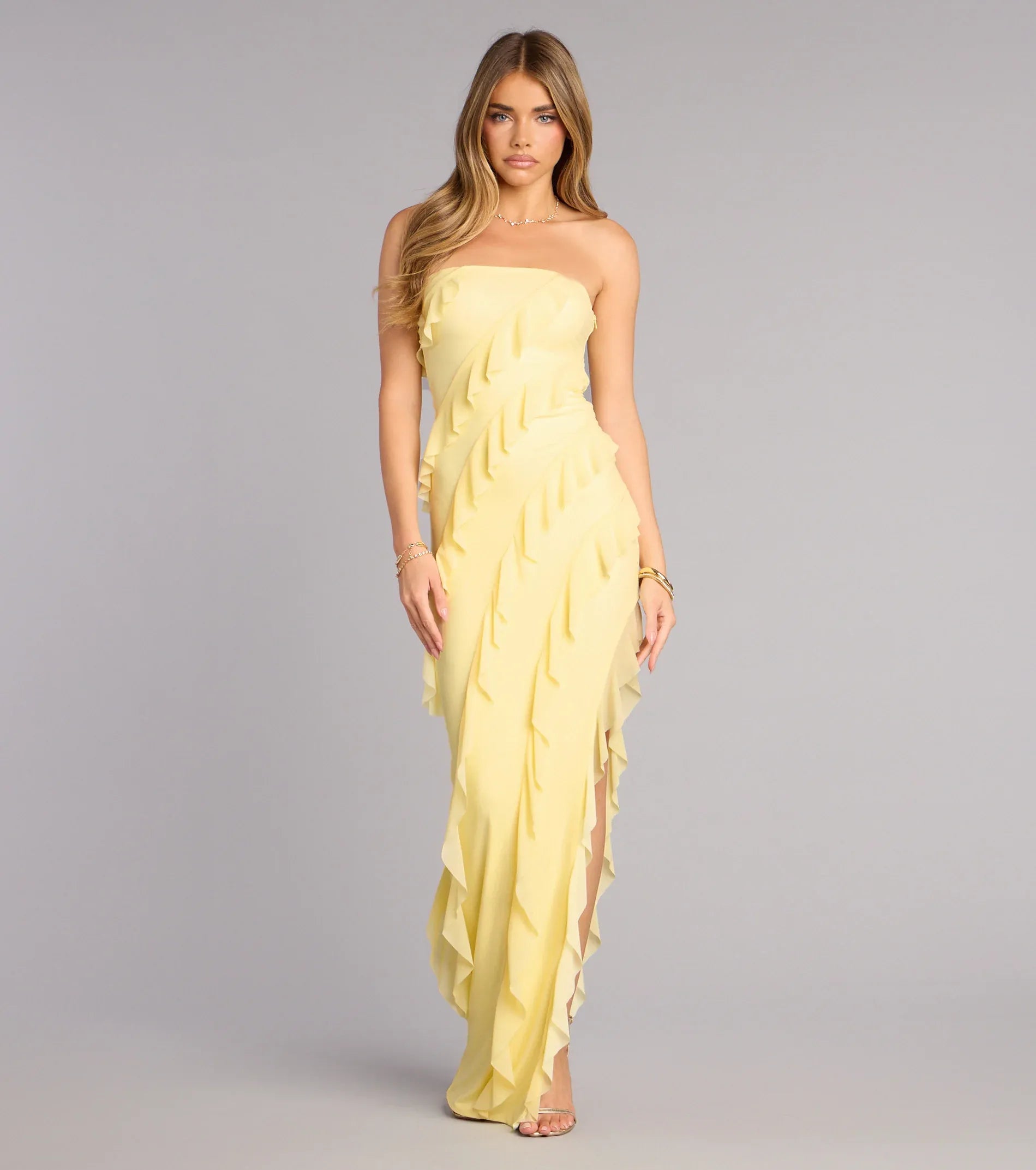 Pale Yellow Strapless Asymmetric Ruffle High Slit Maxi Wedding Guest Dress