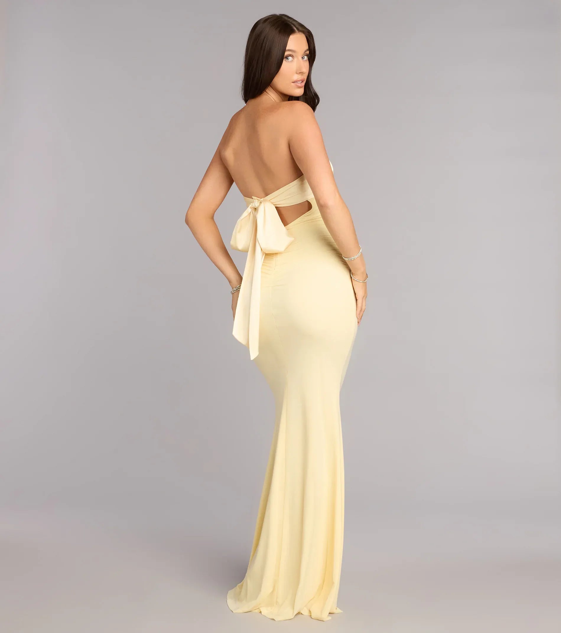 Pale Yellow Strapless Bow Sweetheart Ruched Back Big Bow Mermaid Maxi Wedding Guest Dress